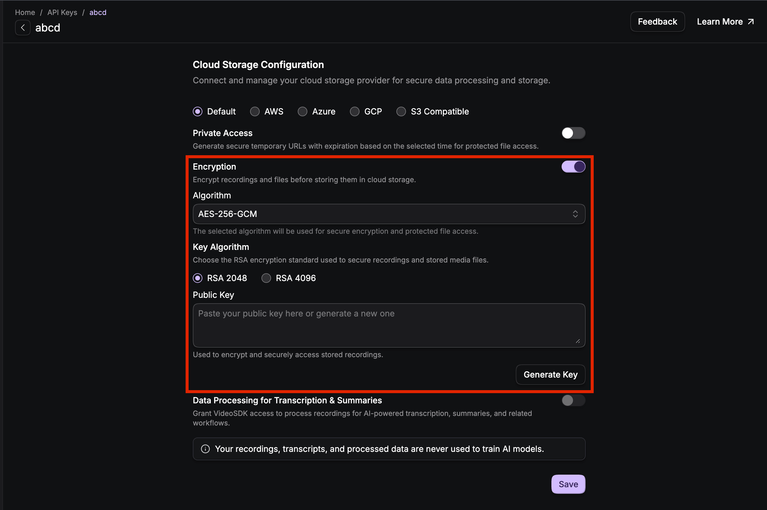 Recording Encryption configuration